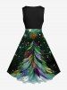 Robe Trapèze Vintage Imprimé Plume et Sapin de Noël Grande Taille - Vert 6X