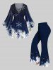 Plus Size Christmas Snowflake Galaxy Leaf Print Flare Sleeves Lattice T-shirt -  