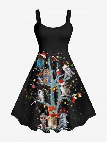 Plus Size Christmas Light Ball Tree Hat Cats Snowflake Bell Print Tank Dress - BLACK - 2X
