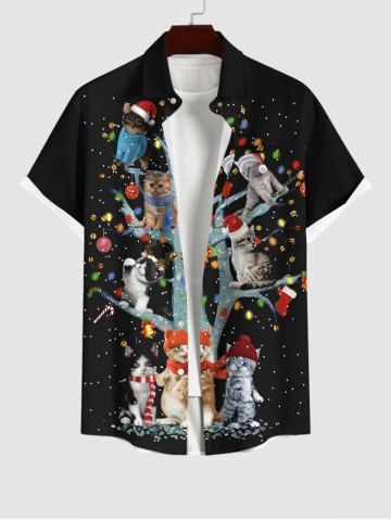 Plus Size Christmas Light Ball Tree Hat Cats Snowflake Bell Print Buttons Pocket Shirt For Men - BLACK - XL
