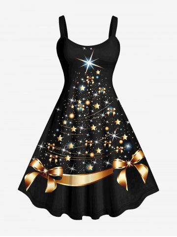 Plus Size Christmas Tree Star Ball Light Bowknot Glitter 3D Print Tank Dress - BLACK - 1X