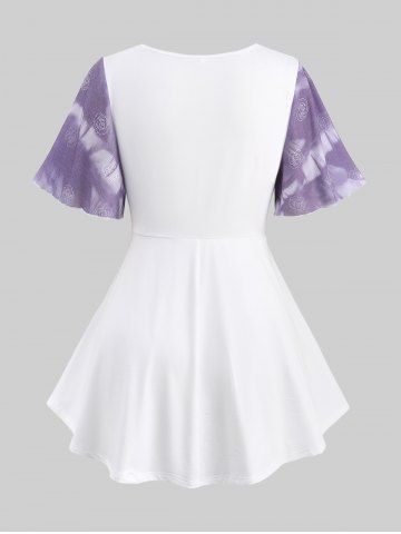 Rose Flower Jacquard Crossover Ruched Top and Pocket Drawstring Marled Wide Leg Pants Plus Size Outfit