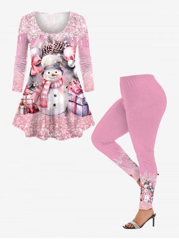 Christmas Snowman Ball Gift Glitter Sparkling Paint Drop Print T-shirt and Leggings Plus Size Matching Set - LIGHT PINK