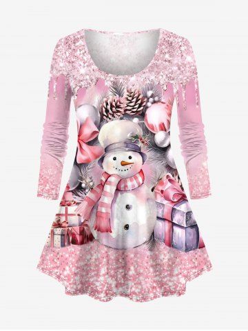 Plus Size Christmas Snowman Ball Gift Glitter Sparkling Paint Drop Print Long Sleeves T-shirt - LIGHT PINK - M