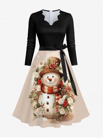 Plus Size Christmas Snowman Floral Holly Leaf Print Scalloped Neck A Line Dress with Tied Belt - MULTI-A - M