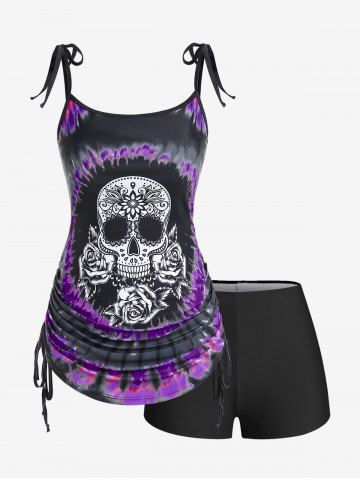 Plus Size Skull Rose Tie Dye Print Cinched Ruched Tie Boyshorts Tankini Swimsuit - PURPLE - 2X | US 18-20