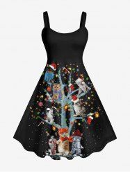 Robe Imprimée Chat Lumière Sapin de Noël Grande Taille - Noir 1X