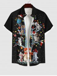 Chemise Grande Taille Imprimé Chat Ornée de Boule de Boutons et Sapin de Noël - Noir M