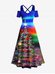 Maxi Robe Boule Arc-en-Ciel Etoile et Flocon de Neige Imprimés à Epaule Dénudée de Grande Taille - Multi-A S