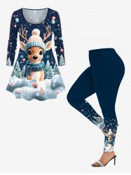 Ensemble de T-Shirt à Manches Longues avec Imprimé Boules Sapin de Noël et Flocons de Neige Grande-Taille - Bleu 