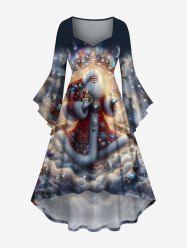 Robe Plissée Haute Basse 3D Père Noël et Lumière de Nuage Imprimés à Manches Evasées de Grande Taille - Multi-A 2X
