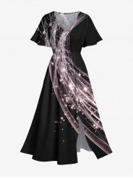 Robe midi fendue grande taille imprimée de paillettes et d'étoiles de Noël - Noir 4X