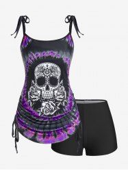 Plus Size Skull Rose Tie Dye Print Cinched Ruched Tie Boyshorts Tankini Swimsuit -  