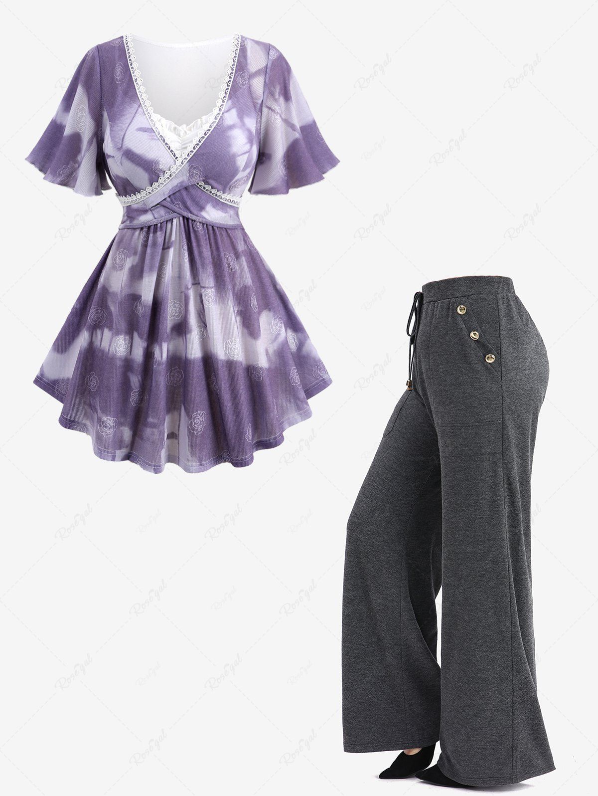 Unique Rose Flower Jacquard Crossover Ruched Top and Pocket Drawstring Marled Wide Leg Pants Plus Size Outfit  