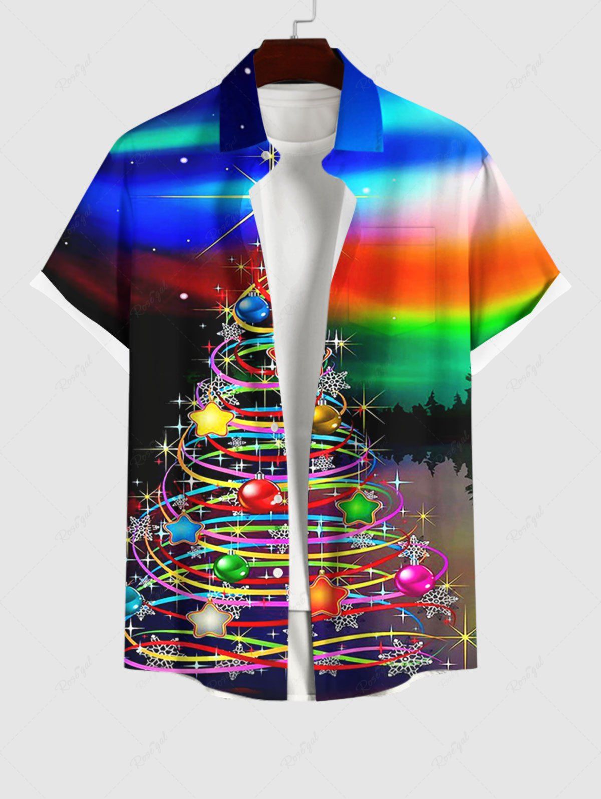 Cheap Plus Size Christmas Tree Star Ball Snowflake Rainbow Colorblock Print Buttons Pocket Shirt For Men  