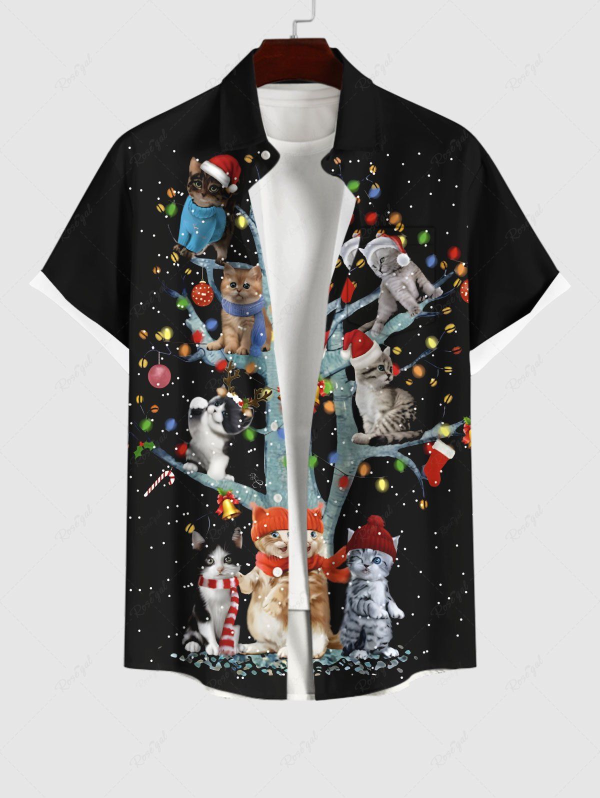 Sale Plus Size Christmas Light Ball Tree Hat Cats Snowflake Bell Print Buttons Pocket Shirt For Men  