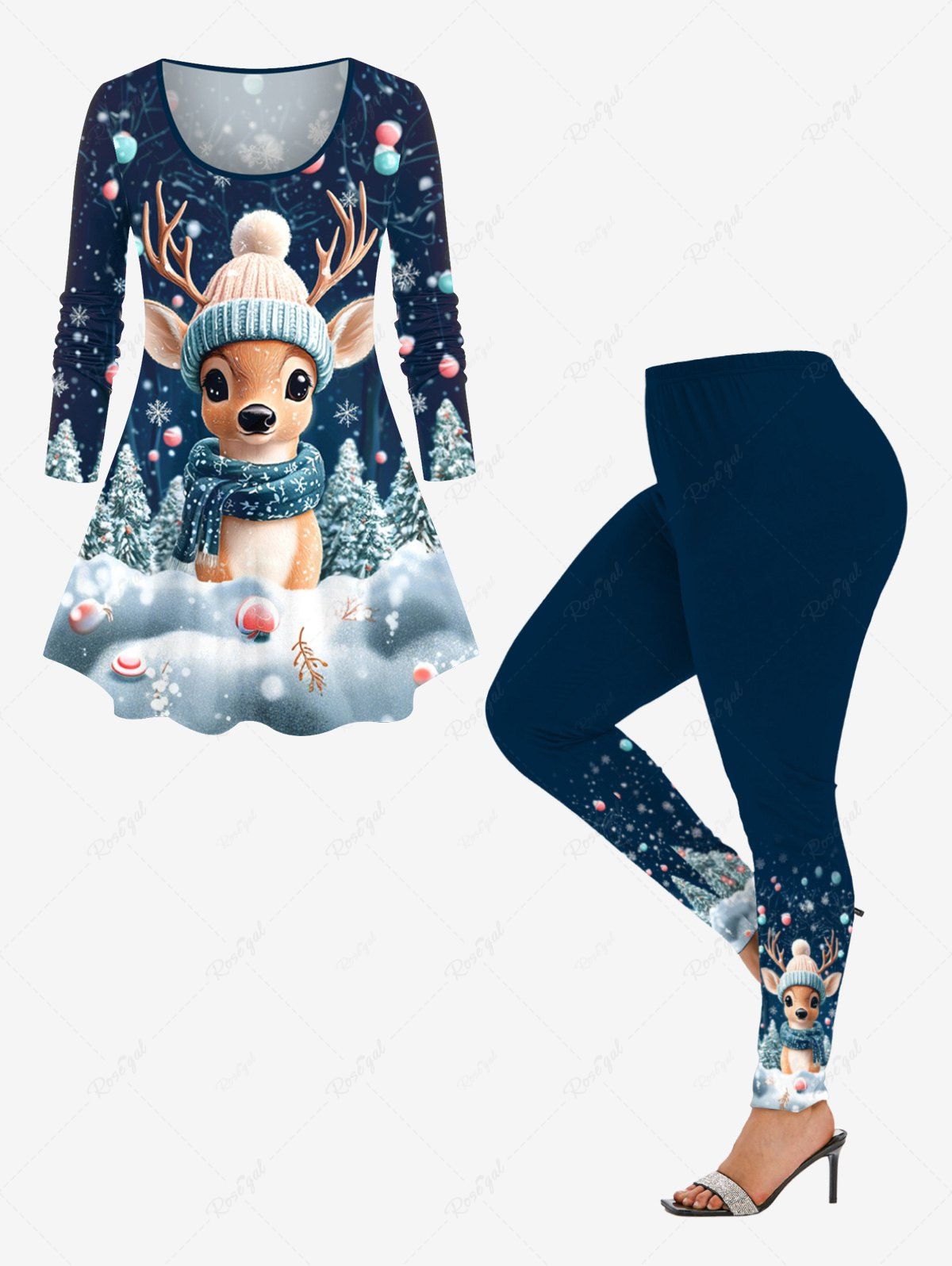 Ensemble de T-Shirt à Manches Longues avec Imprimé Boules Sapin de Noël et Flocons de Neige Grande-Taille Bleu 