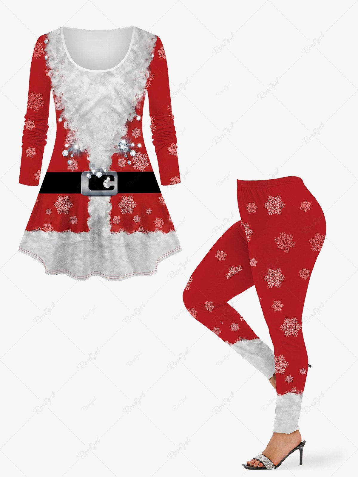 Ensemble T-shirt Grande Taille à Imprimé Père Noël et Flocon de Neige Rouge 