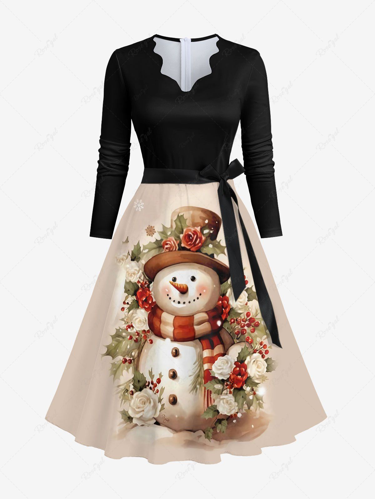 Outfits Plus Size Christmas Snowman Floral Holly Leaf Print Scalloped Neck A Line Dress with Tied Belt  