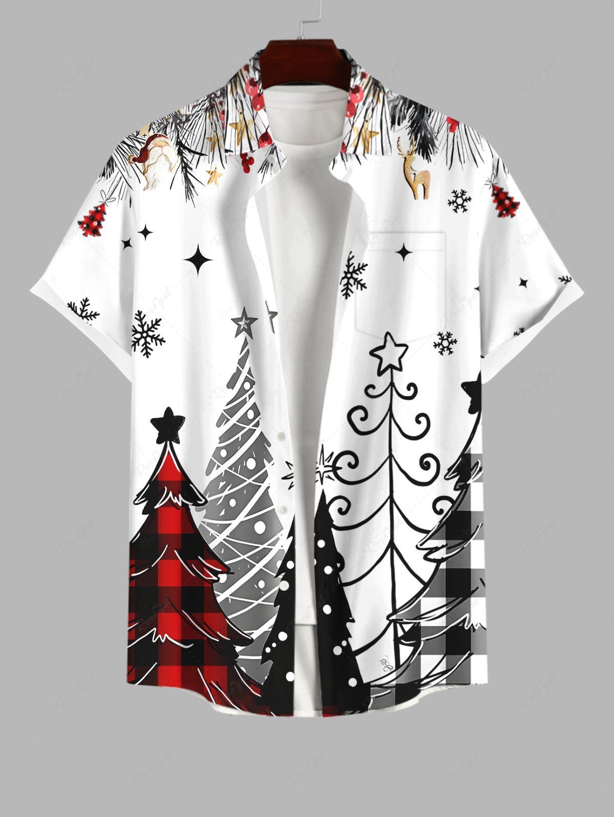 Online Plus Size Plaid Christmas Tree Snowflake Star Elk Print Button Pocket Shirt For Men  