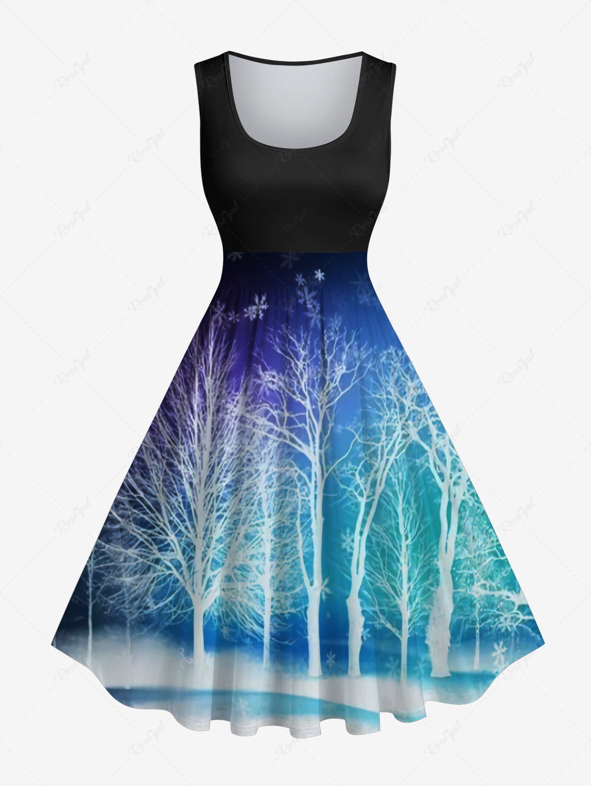 Online Plus Size Christmas Snowflake Tree Road River Print Ombre Vintage Swing A Line Dress  