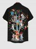 Plus Size Christmas Light Ball Tree Hat Cats Snowflake Bell Print Buttons Pocket Shirt For Men -  