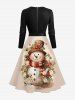 Plus Size Christmas Snowman Floral Holly Leaf Print Scalloped Neck A Line Dress with Tied Belt -  