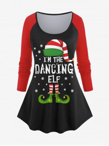 Plus Size Christmas Elf Hat Boots Snowflake Letters Print Raglan Sleeves T-shirt - MULTI-A - 2X