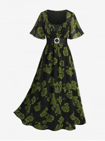 Plus Size Rose Flower Print Surplice Ruched Buckle Midi Dress - BLACK - 3X | US 22-24