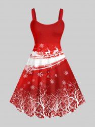 Plus Size Christmas Elk Sled Snowflake Colorblock Trees Print Tank Dress -  