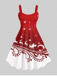 Robe Père Noël Traîneau et Flocon de Neige Imprimés en Blocs de Couleurs de Grande Taille - Rouge S