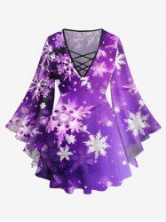Plus Size Christmas Snowflake Ombre Glitter 3D Print Flare Sleeve Lattice Crisscross T-shirt -  