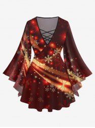 Plus Size Christmas Snowflake Light Beam Glitter 3D Print Lattice Crisscross Flare Sleeve T-shirt -  