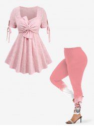 Twist Bowknot Textured Jacquard Floral Top and Christmas Dwarf Hat Bear Balloon Print Leggings Plus Size Outfit -  