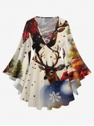 Plus Size Christmas Tree Ball Elk Snowflake Print Lattice Long Sleeves T-shirt -  