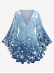 Plus Size Christmas Snowflake Ombre Print Flare Sleeve Lattice Crisscross T-shirt -  