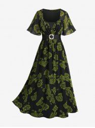 Plus Size Rose Flower Print Surplice Ruched Buckle Midi Dress -  