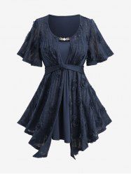 Plus Size Heart Chain Panel Hollow Out Rose Flower Appliques Asymetrical Top -  