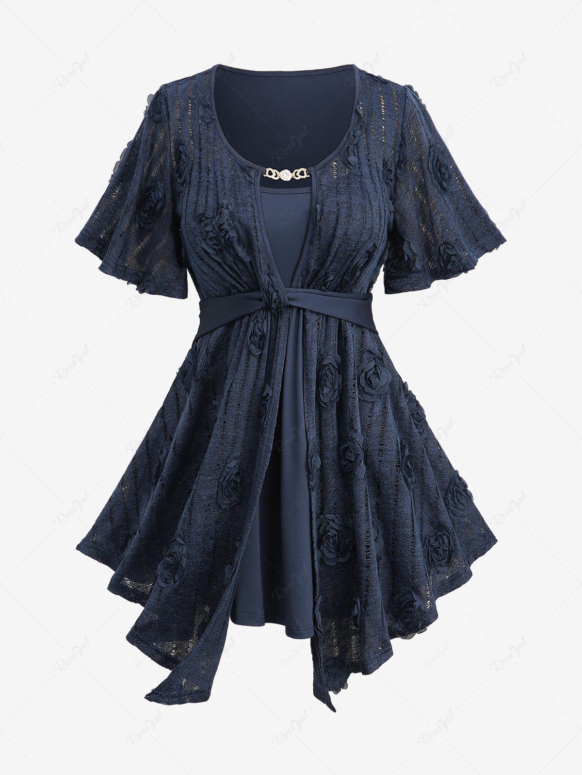New Plus Size Heart Chain Panel Hollow Out Rose Flower Appliques Asymetrical Top  