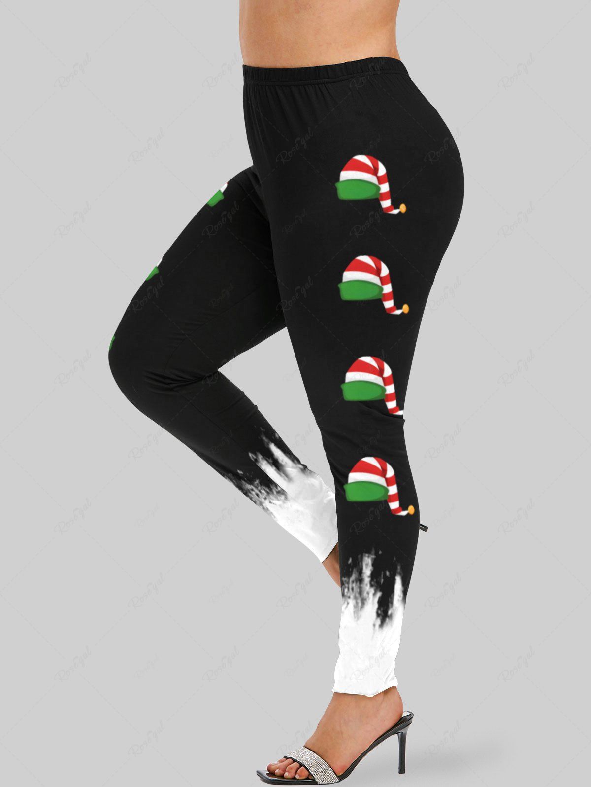 New Plus Size Christmas Elf Hat Colorblock Print Leggings  