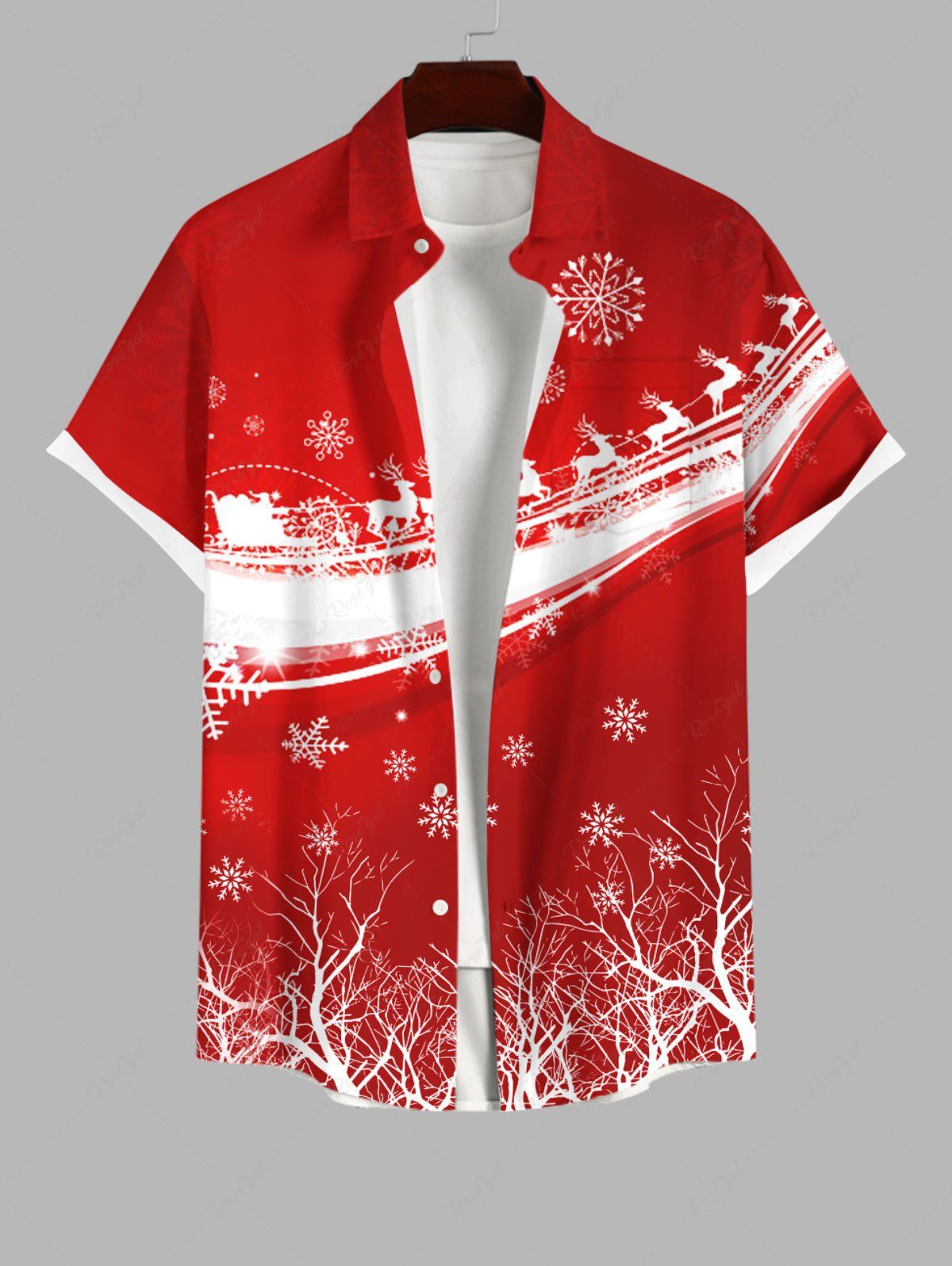 Chemise Boutonnée Flocon de Neige Cerf et Sapin de Noël Imprimés en Blocs de Couleurs avec Poche de Grande Taille pour Homme Rouge S