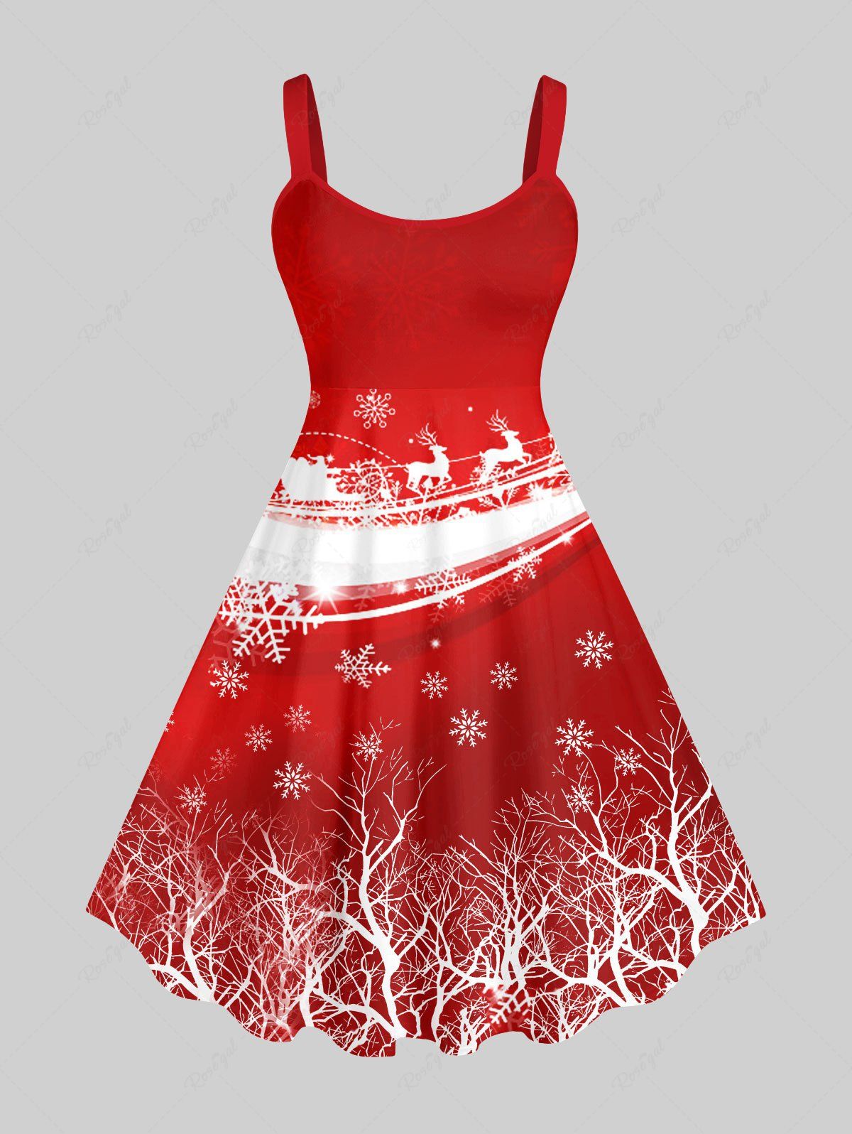 Robe Asymétrique Flocon de Neige Cerf et Traîneau Imprimés de Noël de Grande Taille Rouge 6X