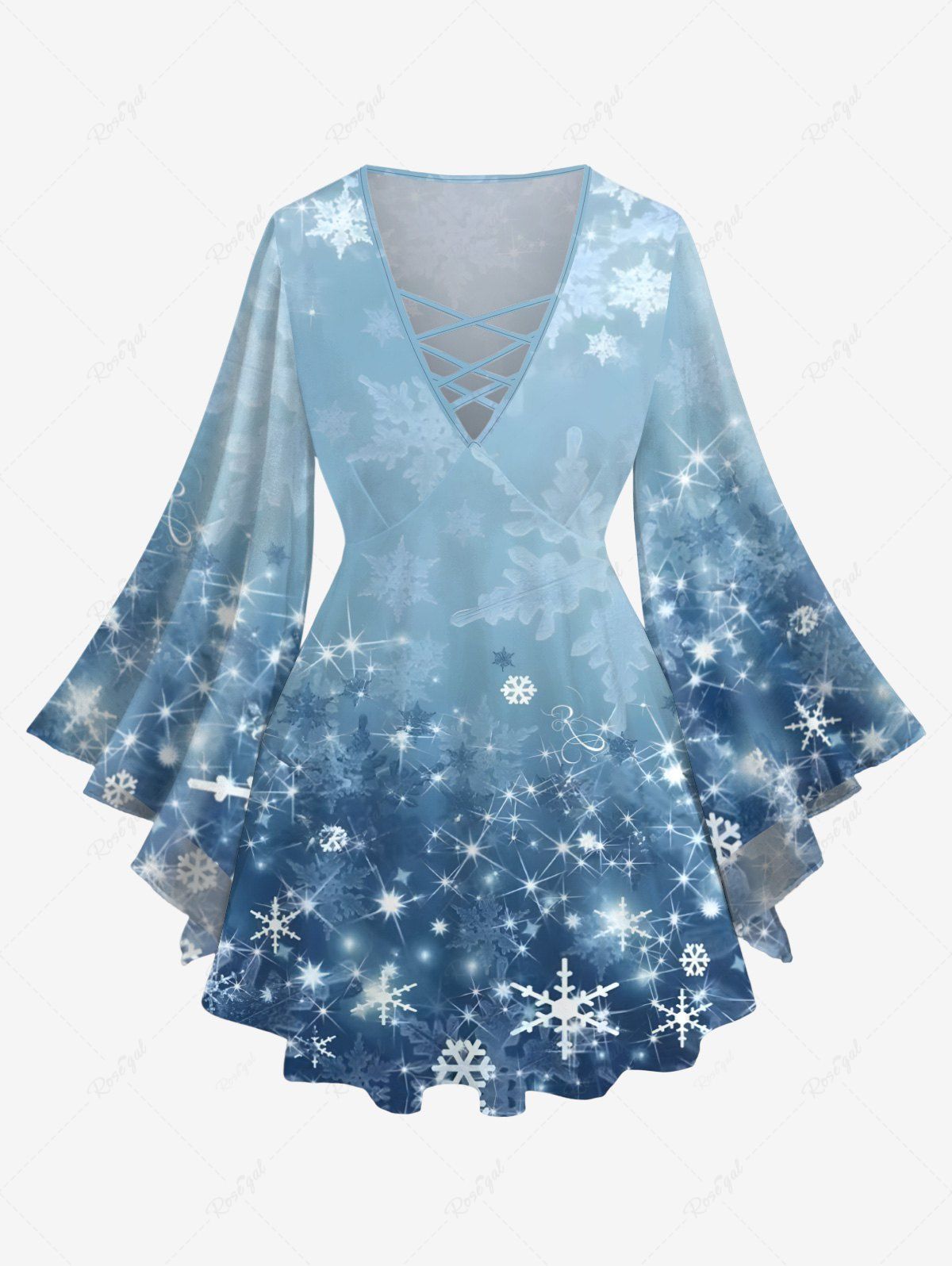 Outfits Plus Size Christmas Snowflake Ombre Print Flare Sleeve Lattice Crisscross T-shirt  