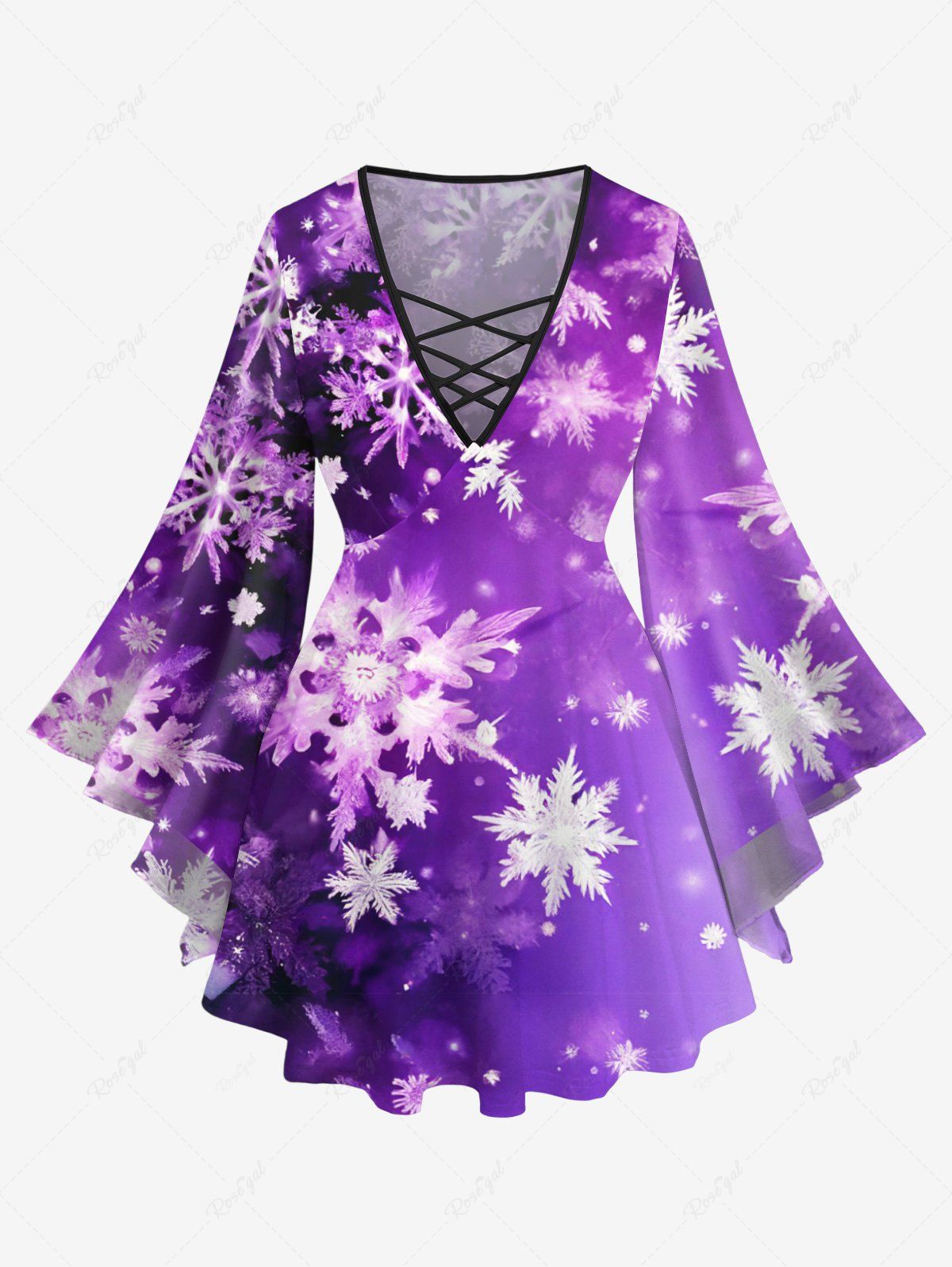 New Plus Size Christmas Snowflake Ombre Glitter 3D Print Flare Sleeve Lattice Crisscross T-shirt  