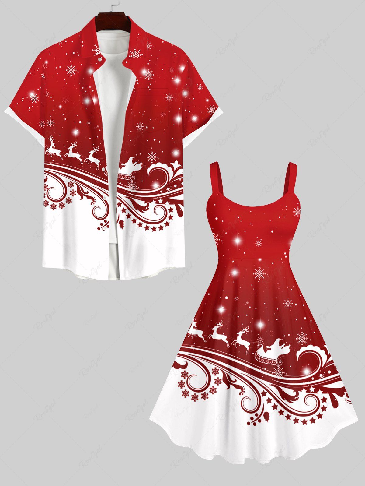 Tenue Contrastante Imprimé Père Noël et Flocon de Neige Chic Grande Taille pour Couples Rouge 