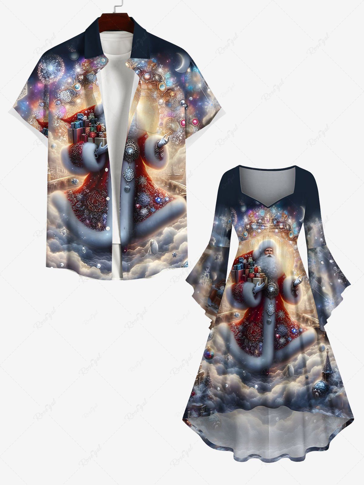 Shop Christmas Ball Santa Claus Cloud Light Beam Glitter 3D Print Plus Size Matching Outfit For Couples  