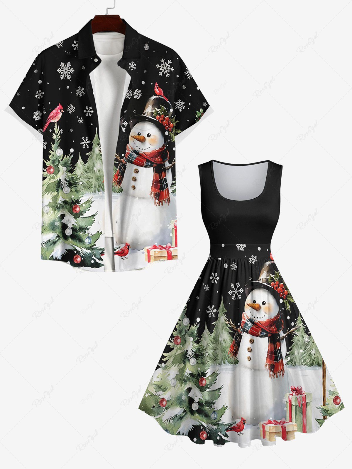 Fancy Christmas Tree Ball Bird Snowflake Snowman Print Plus Size Matching Set For Couples  