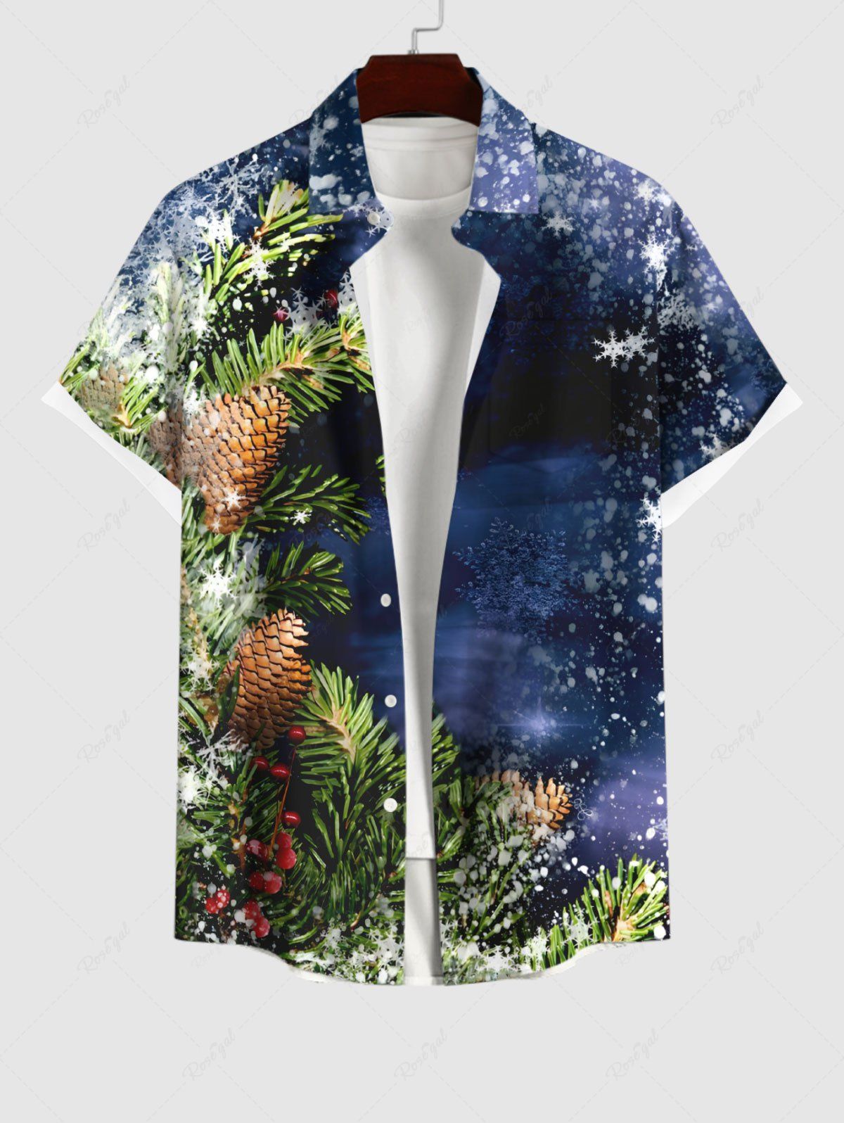 Online Plus Size Christmas Pinecone Holly Leaf Snowflake Print Ombre Button Pocket Shirt For Men  