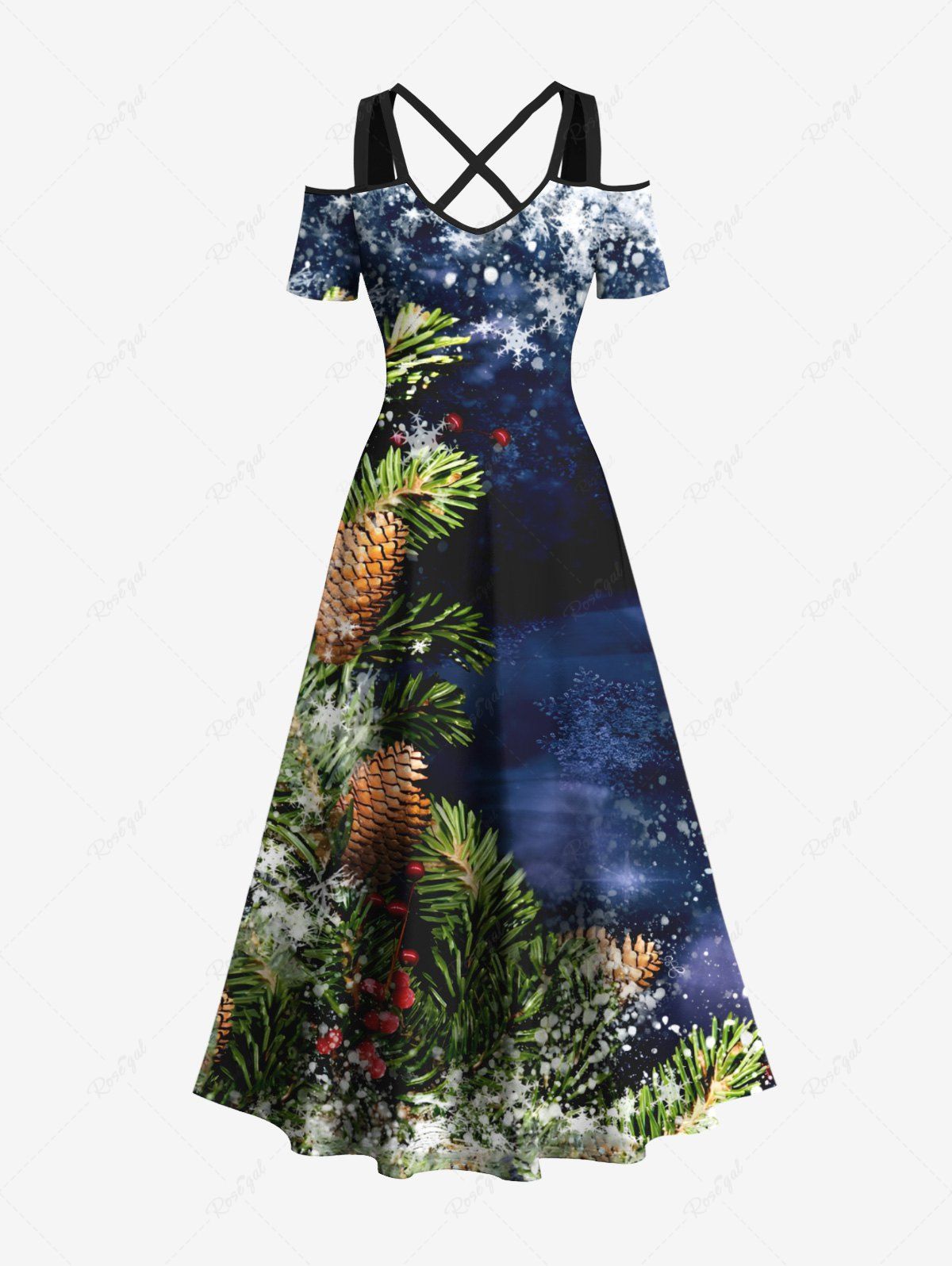 Shops Plus Size Christmas Pinecone Holly Leaf Snowflake Print Ombre Crisscross A Line Maxi Dress  