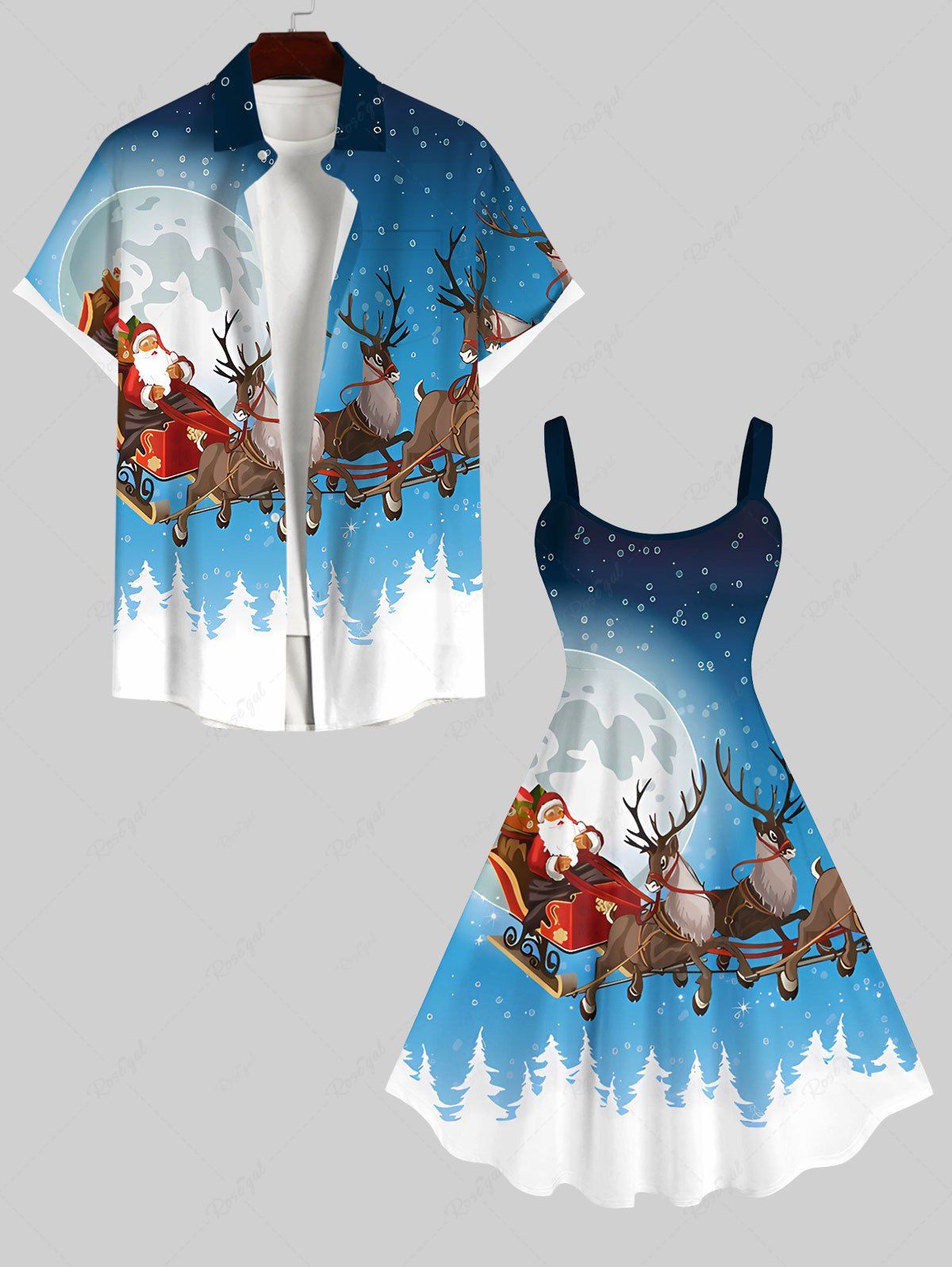 Trendy Christmas Tree Elk Santa Claus Moon Ombre Galaxy Print Plus Size Matching Set For Couples  